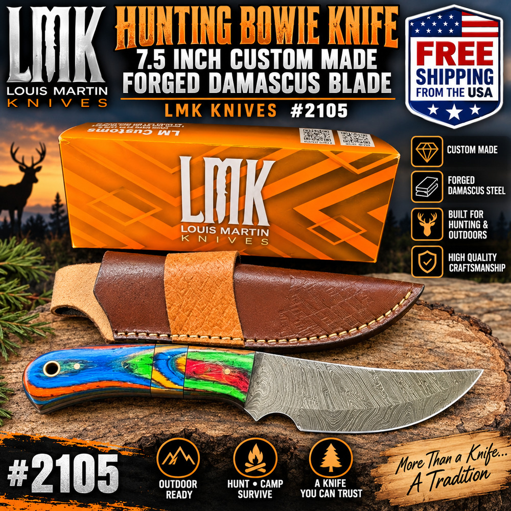 LMK Hunting Bowie Knife 7.5" Custom Handmade Forged Damascus Steel Blade #2105